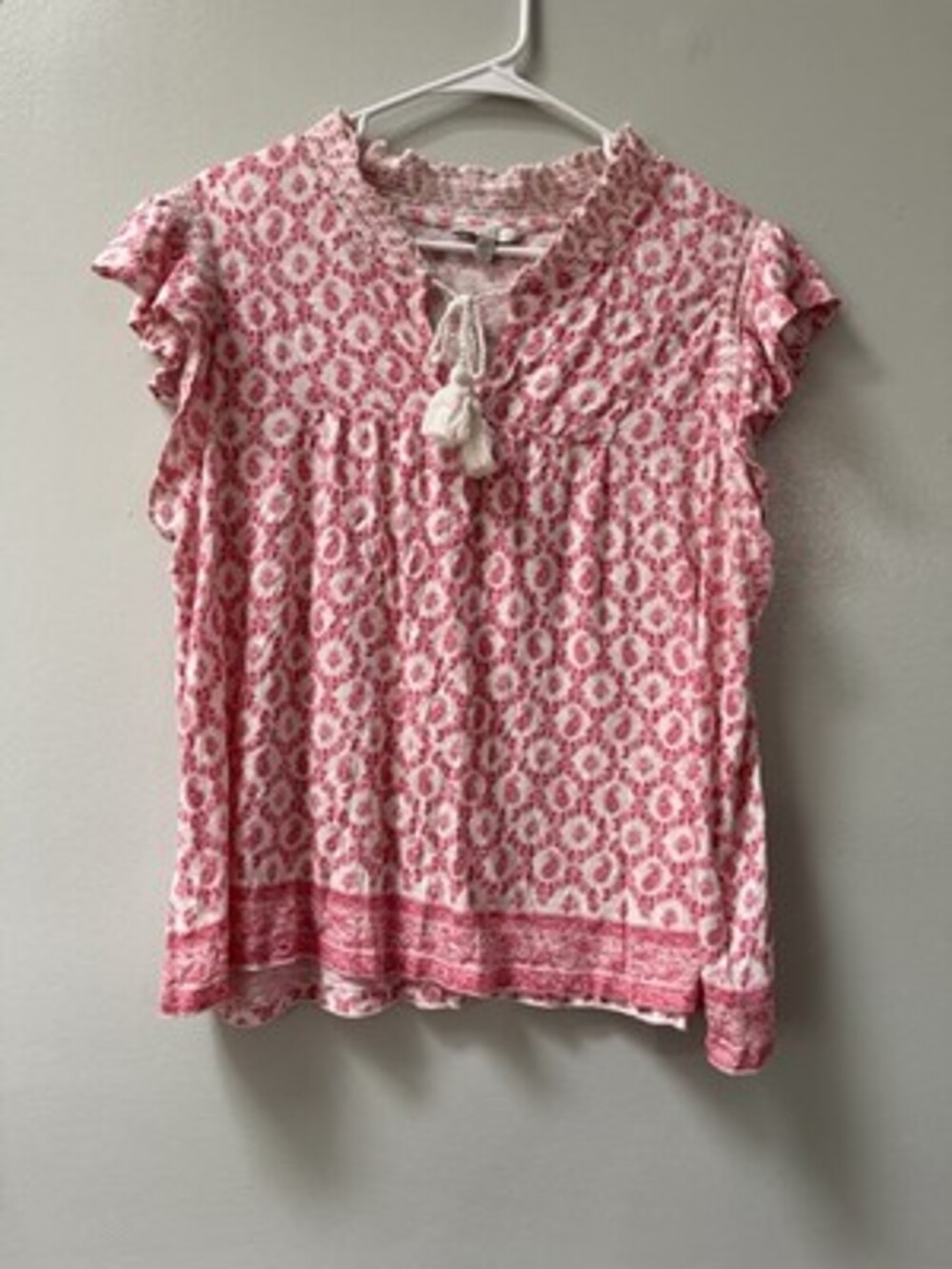 Lucky Brand Paisley Tassel Blouse Flutter Sleeve Red/white Large Fairy Boho